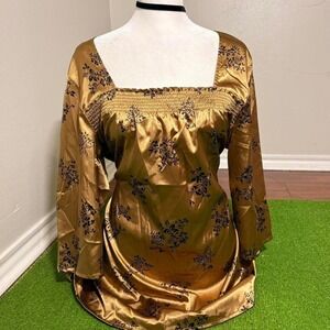 Vintage Y2K Ashley Judd Satin Tie Back Square Neck Top Gold Floral Size LG